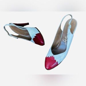 Julianelli VINTAGE 100% lthr red & wht spectator sling bk 4” pumps 9 1/2 AA